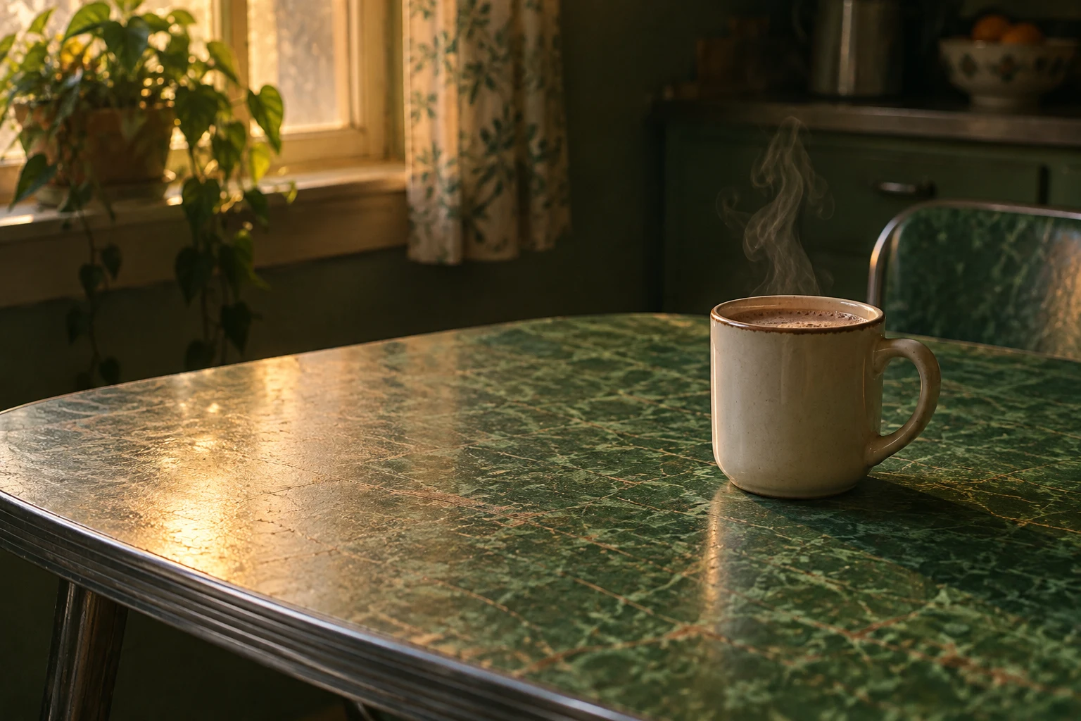 A warm cup of hot chocolate on a green marbled kitchen table, lit by afternoon sunlight